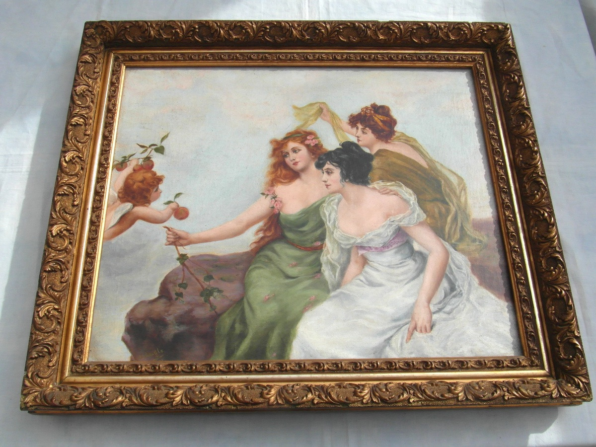 "cupid And The Three Graces" By Laigle, Dated 1901, Art Nouveau Period-photo-3