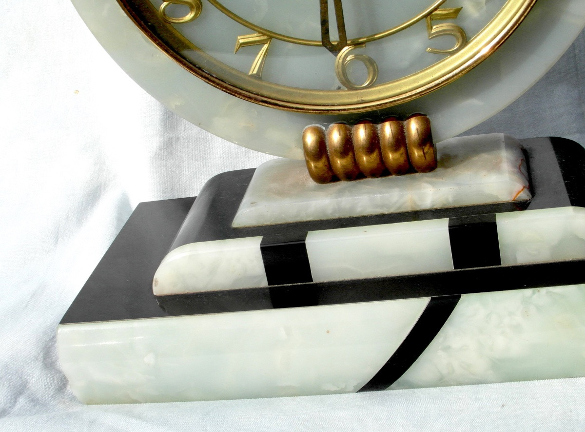 Art Deco Clock With Antelope Motif, Marble And Onyx, Working, Made By The Glassmaker Le Faguays In 1920-photo-7