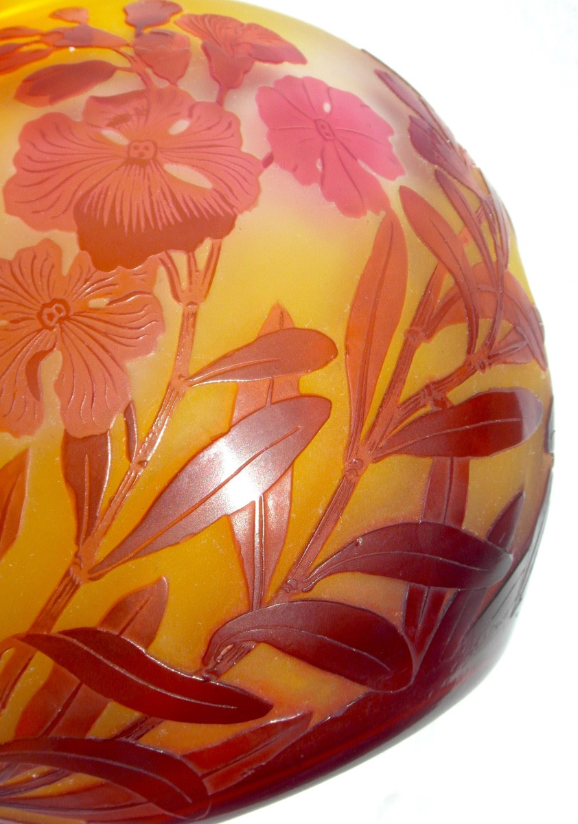 Ball Vase Decorated With Red And Pink Weigelias By Galle, Daum Era 1900