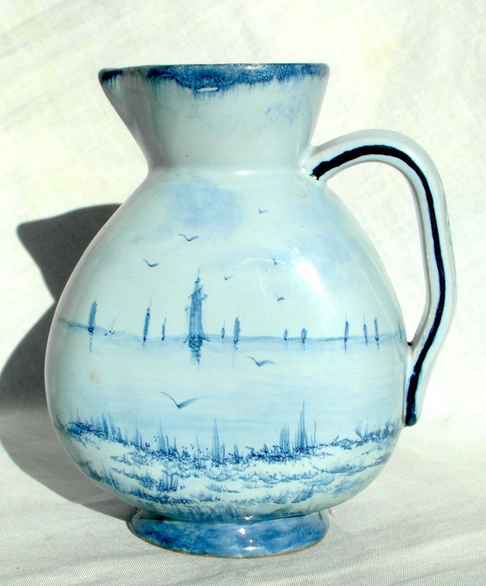 Enameled Earthenware Pitcher By Galle, Maritime Décor, Circa 1880, Daum Art-nouveau Era-photo-2