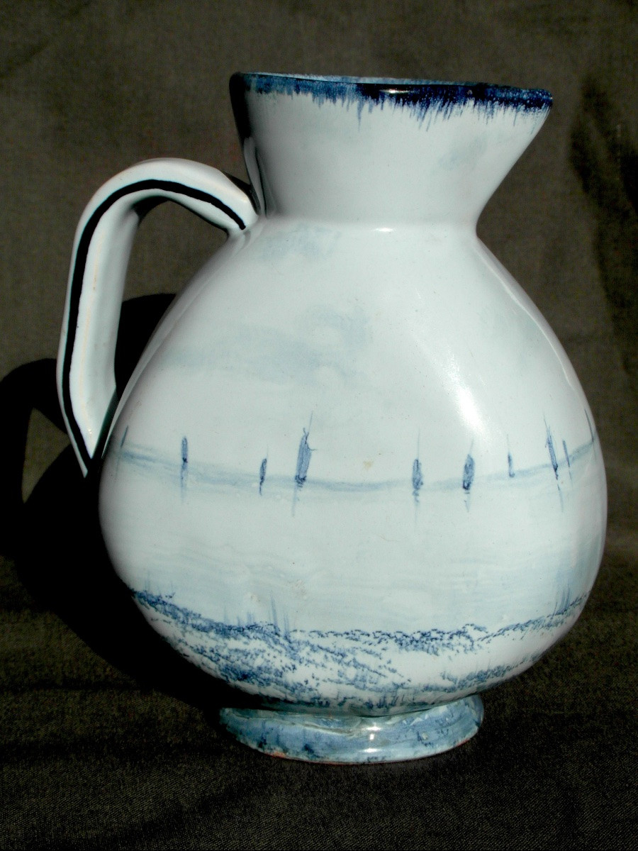 Enameled Earthenware Pitcher By Galle, Maritime Décor, Circa 1880, Daum Art-nouveau Era-photo-3