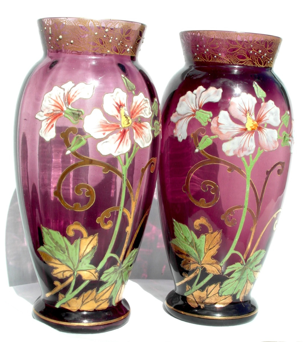 Pair Of Enameled Clematis Vases By Legras, Circa 1900, Daum Galle Era-photo-2