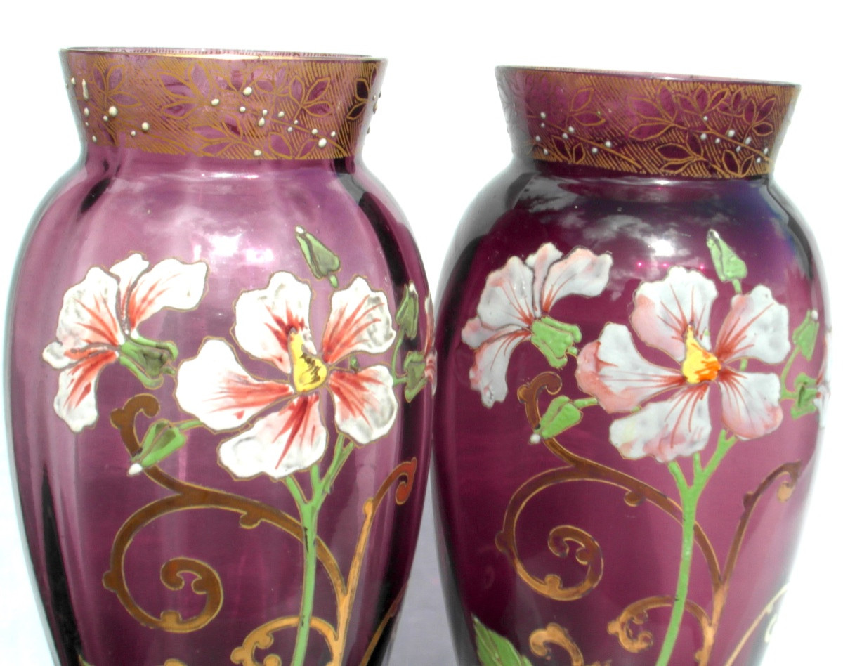 Pair Of Enameled Clematis Vases By Legras, Circa 1900, Daum Galle Era-photo-3