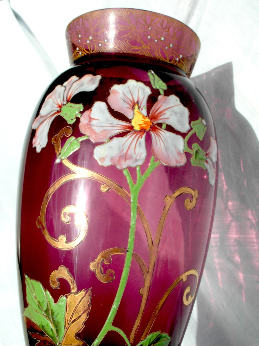 Pair Of Enameled Clematis Vases By Legras, Circa 1900, Daum Galle Era-photo-4
