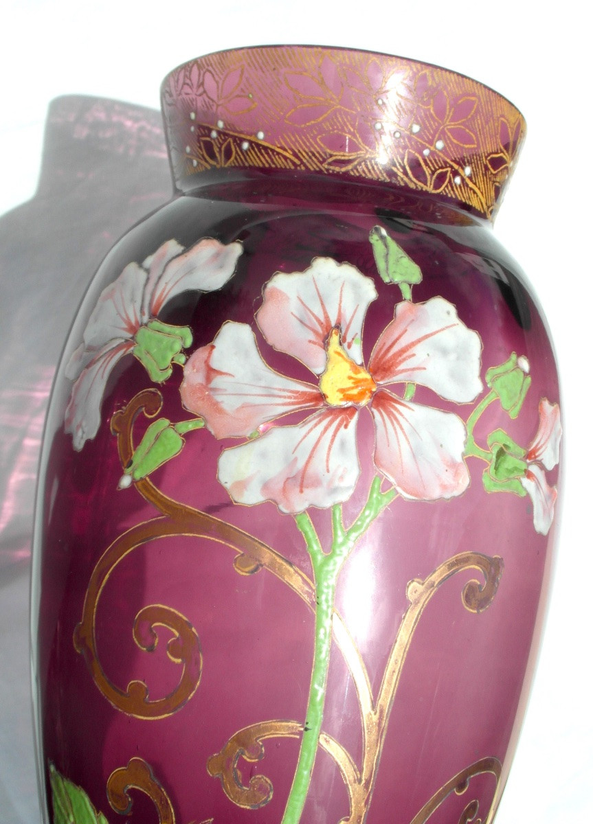 Pair Of Enameled Clematis Vases By Legras, Circa 1900, Daum Galle Era-photo-1