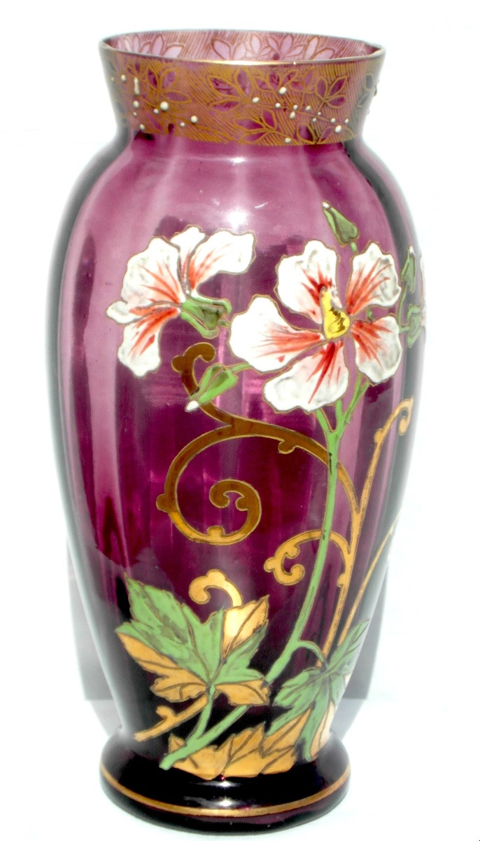 Pair Of Enameled Clematis Vases By Legras, Circa 1900, Daum Galle Era-photo-3