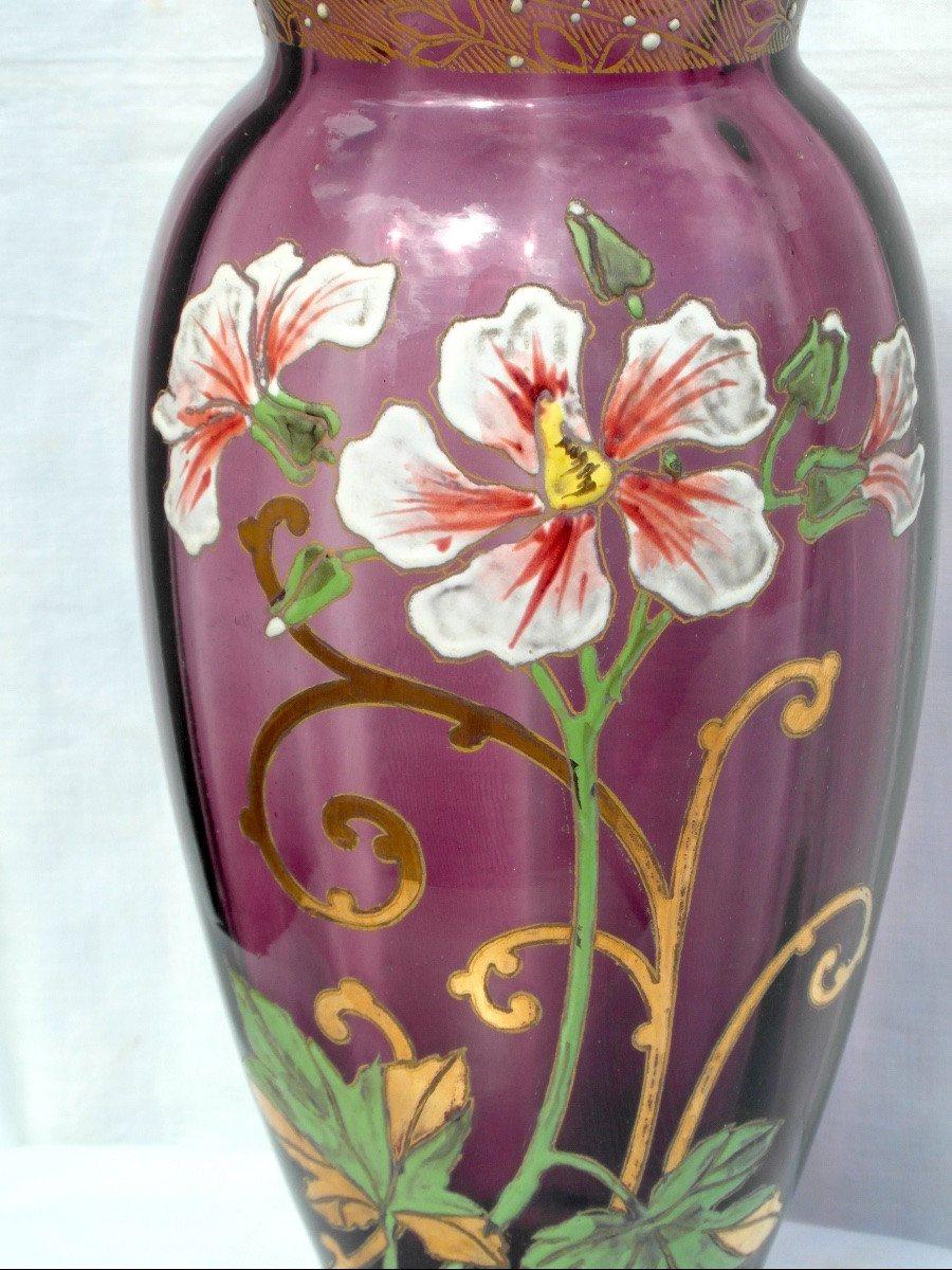 Pair Of Enameled Clematis Vases By Legras, Circa 1900, Daum Galle Era-photo-4
