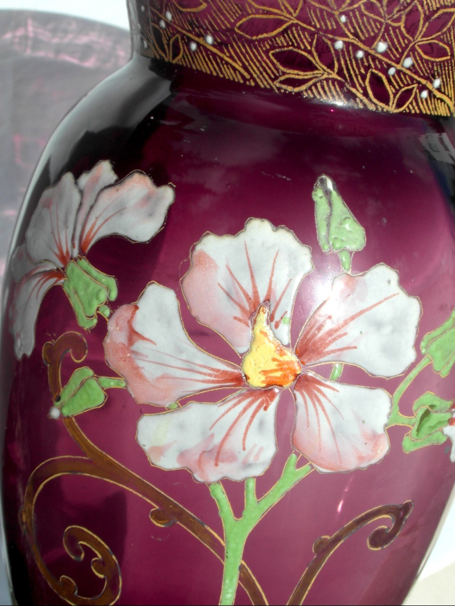Pair Of Enameled Clematis Vases By Legras, Circa 1900, Daum Galle Era-photo-5