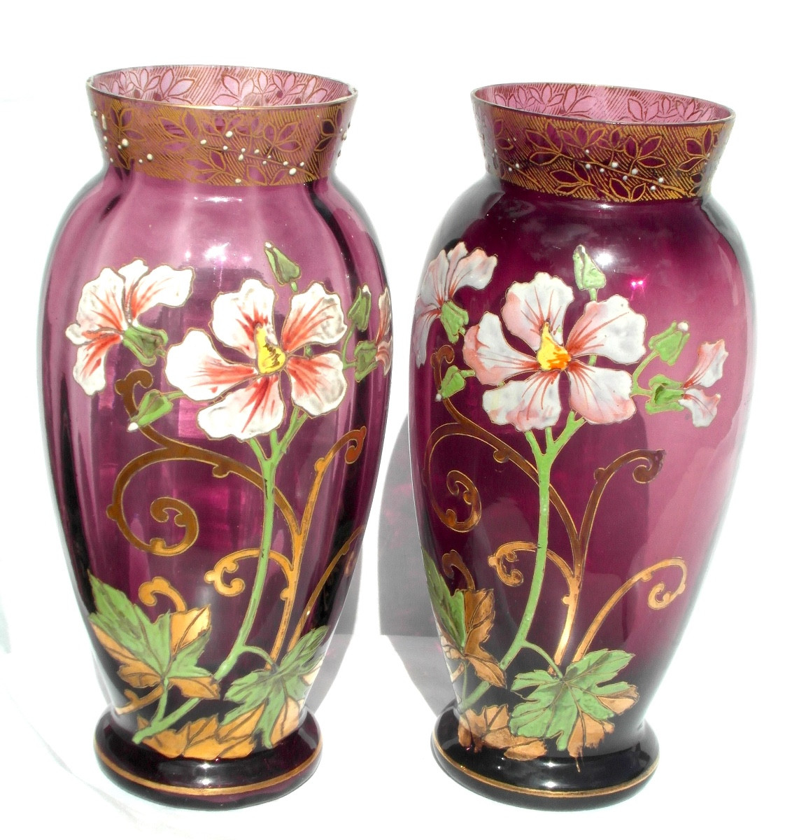 Pair Of Enameled Clematis Vases By Legras, Circa 1900, Daum Galle Era