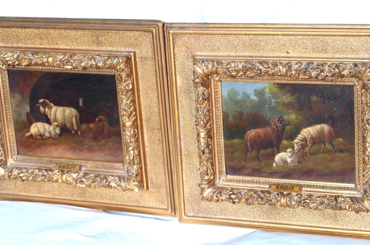 Pair Of Oil On Panel Paintings Of Sheep By R. Milot, Circa 1900-photo-2