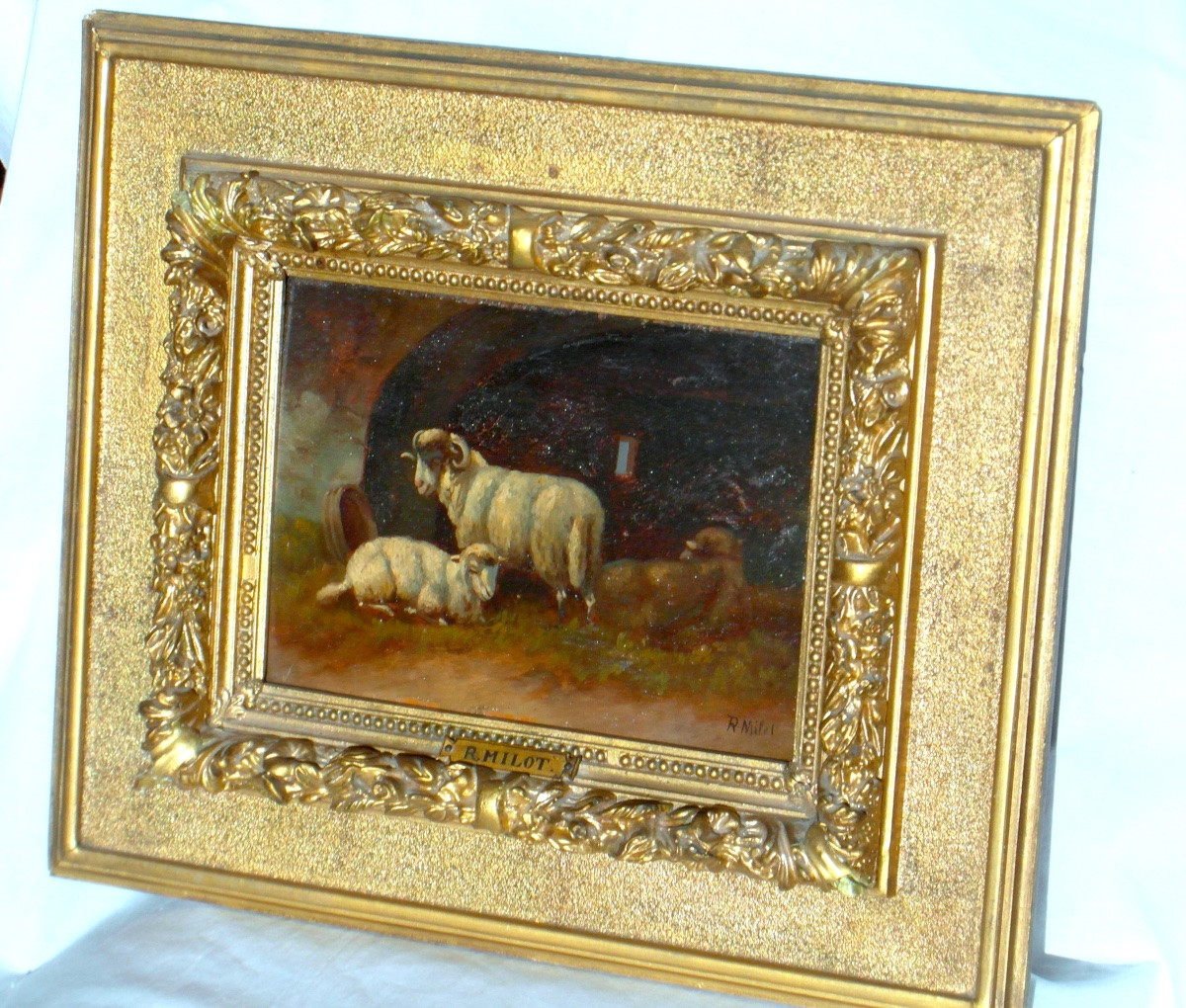 Pair Of Oil On Panel Paintings Of Sheep By R. Milot, Circa 1900-photo-1