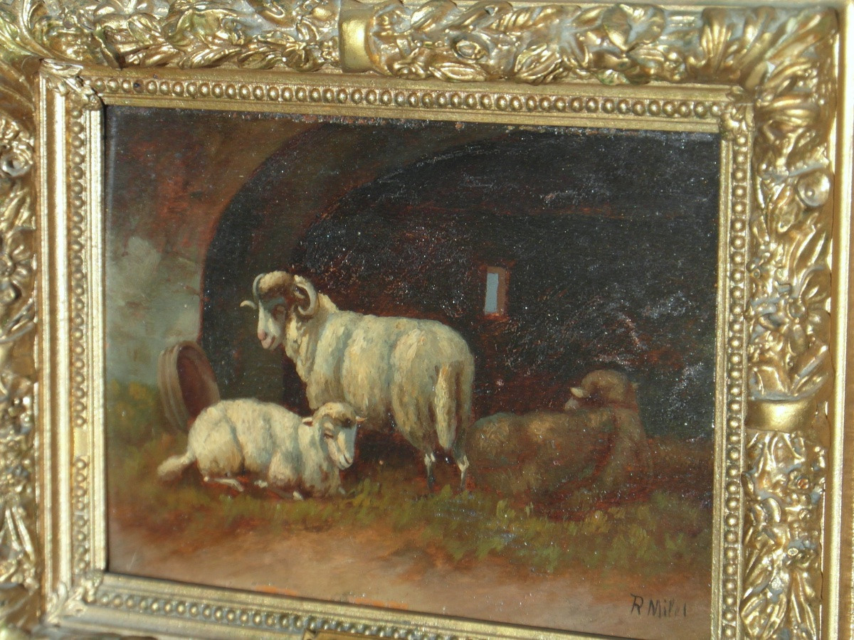 Pair Of Oil On Panel Paintings Of Sheep By R. Milot, Circa 1900-photo-2