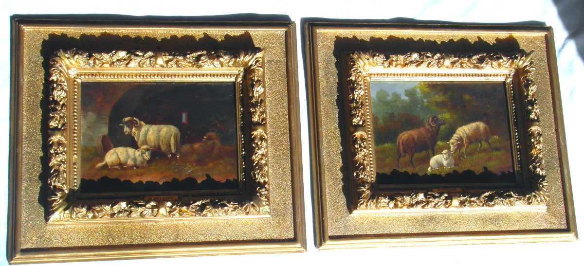 Pair Of Oil On Panel Paintings Of Sheep By R. Milot, Circa 1900-photo-3