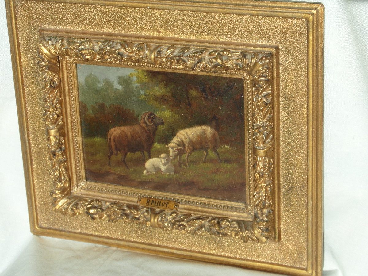 Pair Of Oil On Panel Paintings Of Sheep By R. Milot, Circa 1900-photo-4