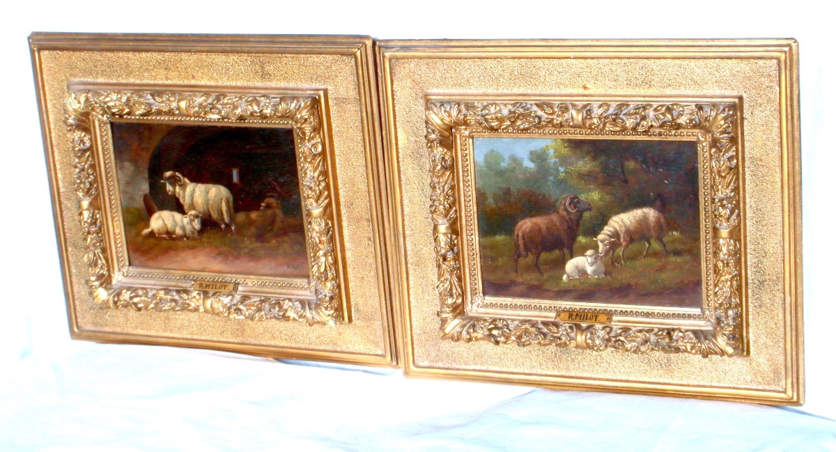 Pair Of Oil On Panel Paintings Of Sheep By R. Milot, Circa 1900