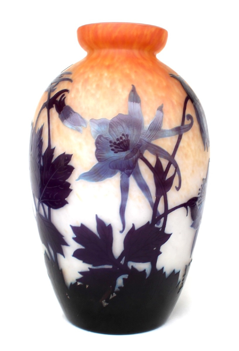 Blue Columbine Vase By Delatte, Circa 1920, Era Daum Galle Art-nouveau-photo-2