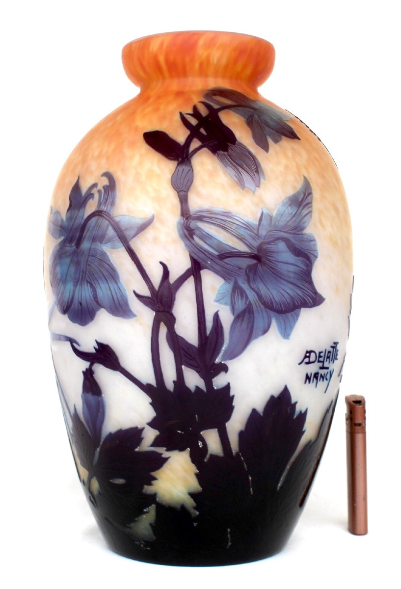 Blue Columbine Vase By Delatte, Circa 1920, Era Daum Galle Art-nouveau-photo-3