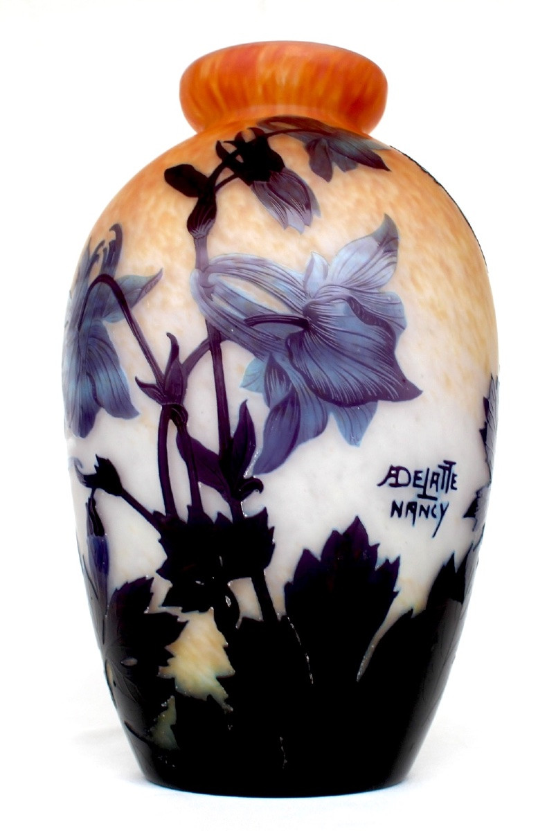 Blue Columbine Vase By Delatte, Circa 1920, Era Daum Galle Art-nouveau-photo-3