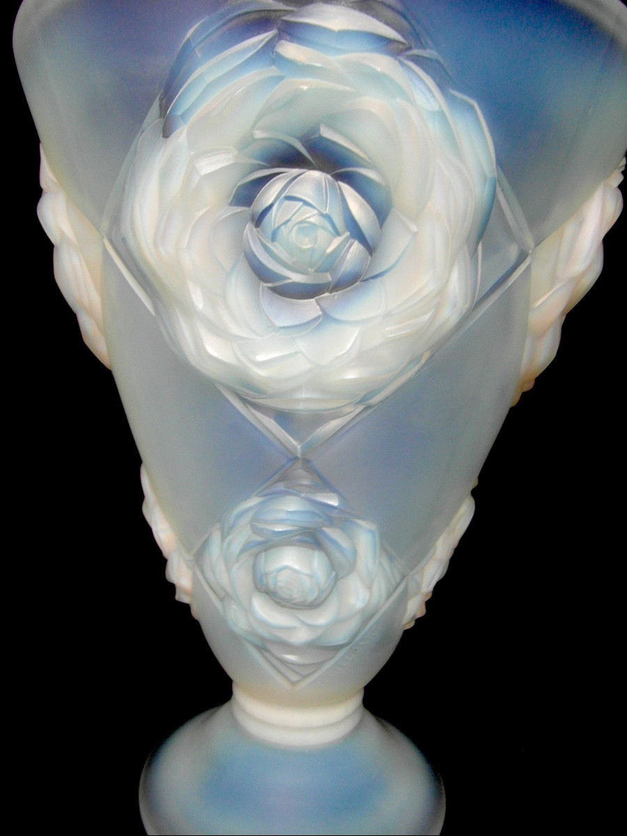 Art-deco Vase In Opalescent Glass With Peonies By H. Dieupart, Era Daum Lalique Sabino 1920-photo-3