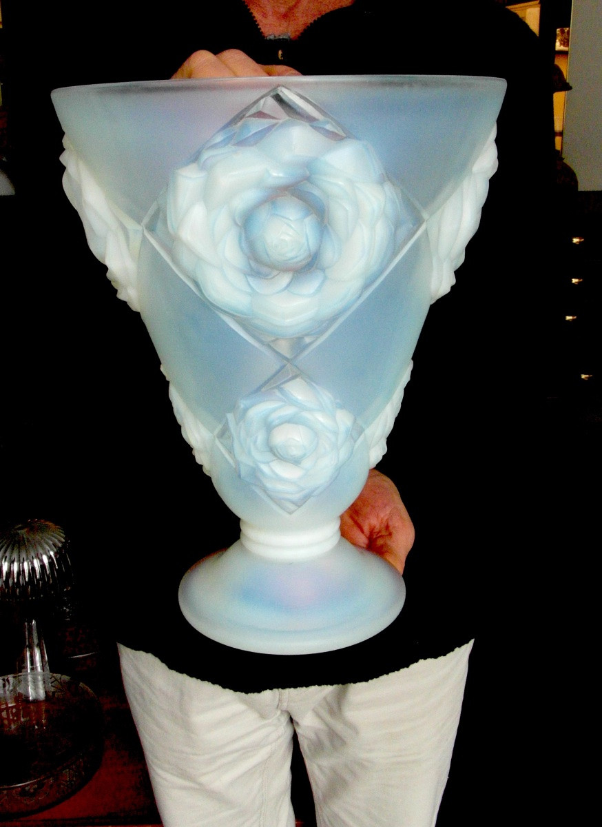 Art-deco Vase In Opalescent Glass With Peonies By H. Dieupart, Era Daum Lalique Sabino 1920-photo-4