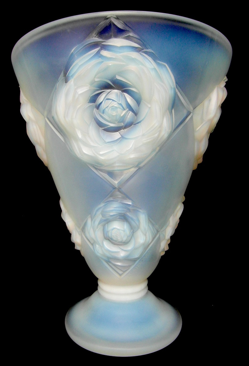 Art-deco Vase In Opalescent Glass With Peonies By H. Dieupart, Era Daum Lalique Sabino 1920-photo-2