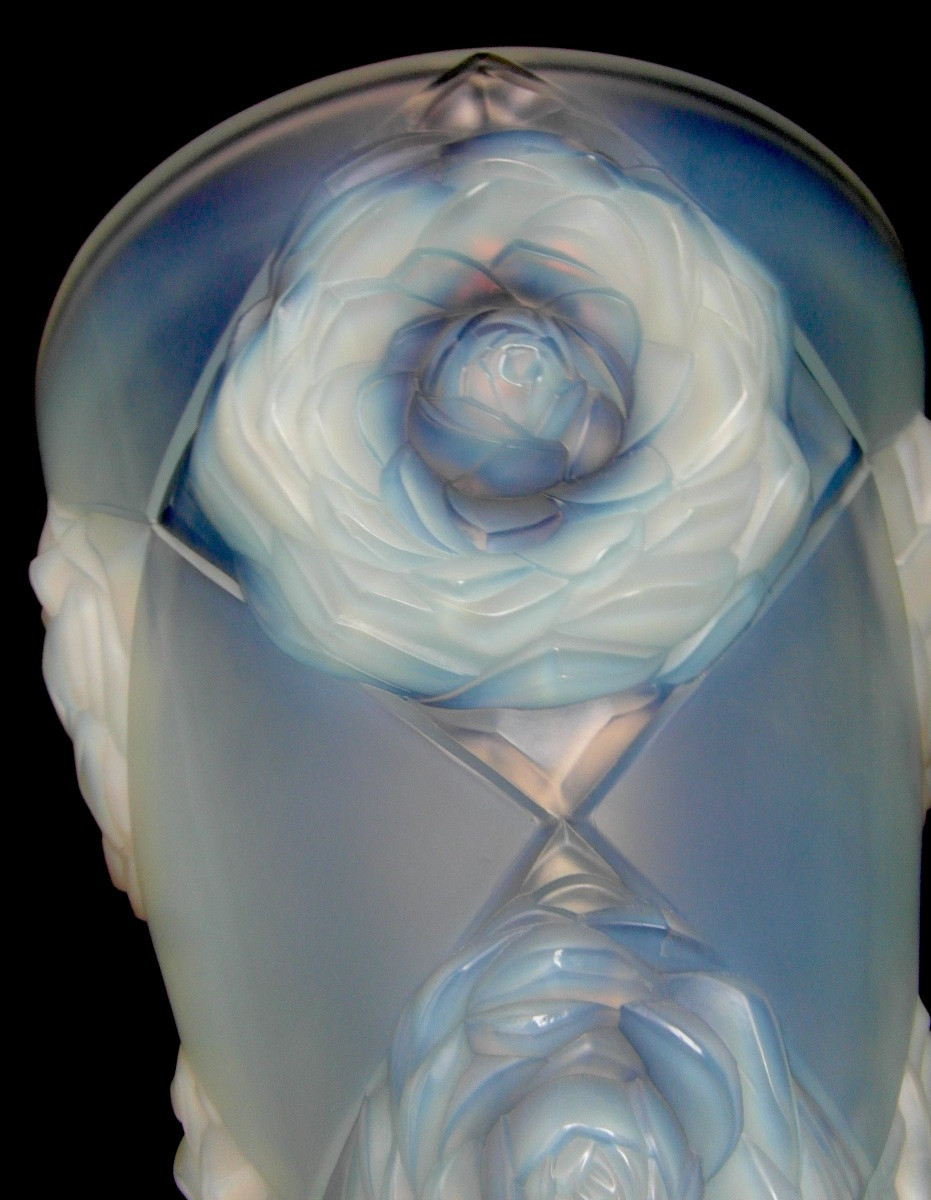 Art-deco Vase In Opalescent Glass With Peonies By H. Dieupart, Era Daum Lalique Sabino 1920-photo-1