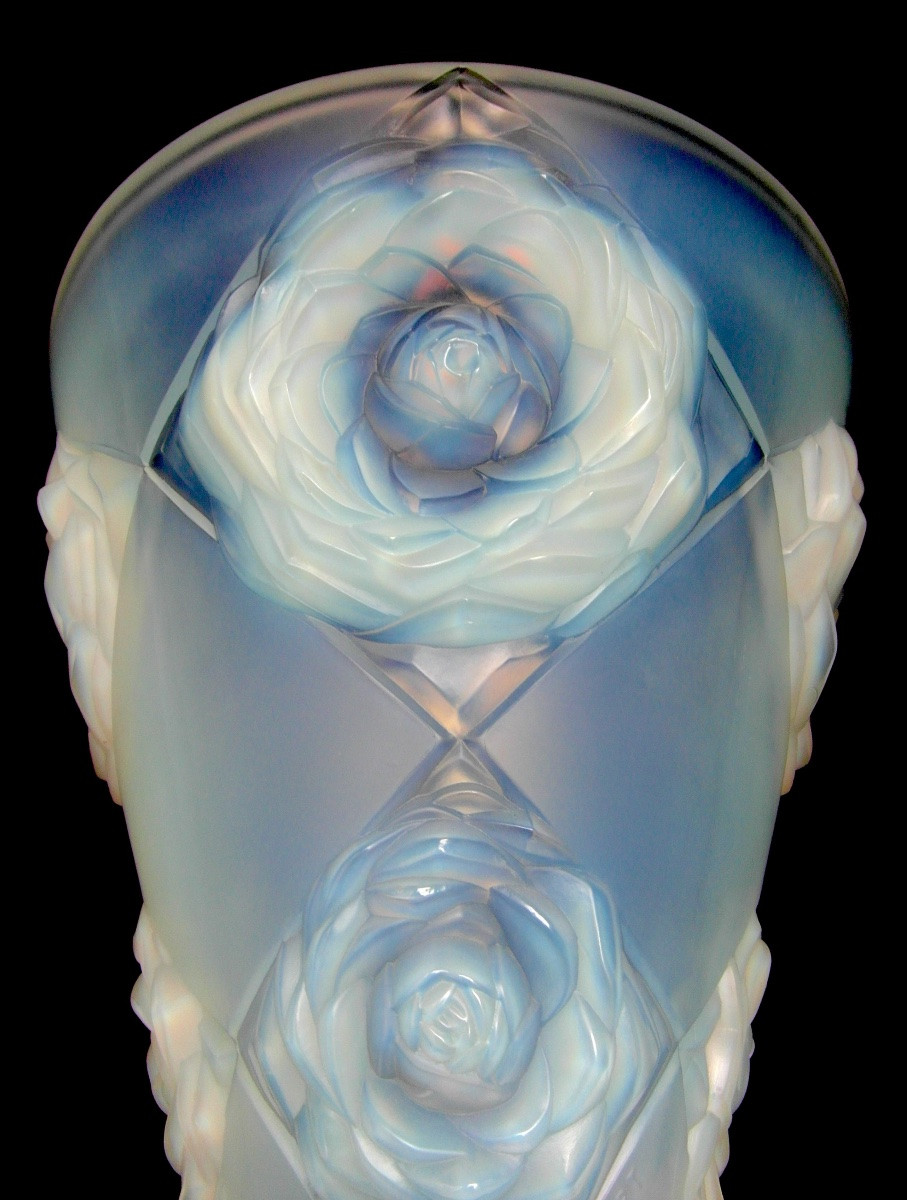 Art-deco Vase In Opalescent Glass With Peonies By H. Dieupart, Era Daum Lalique Sabino 1920-photo-2