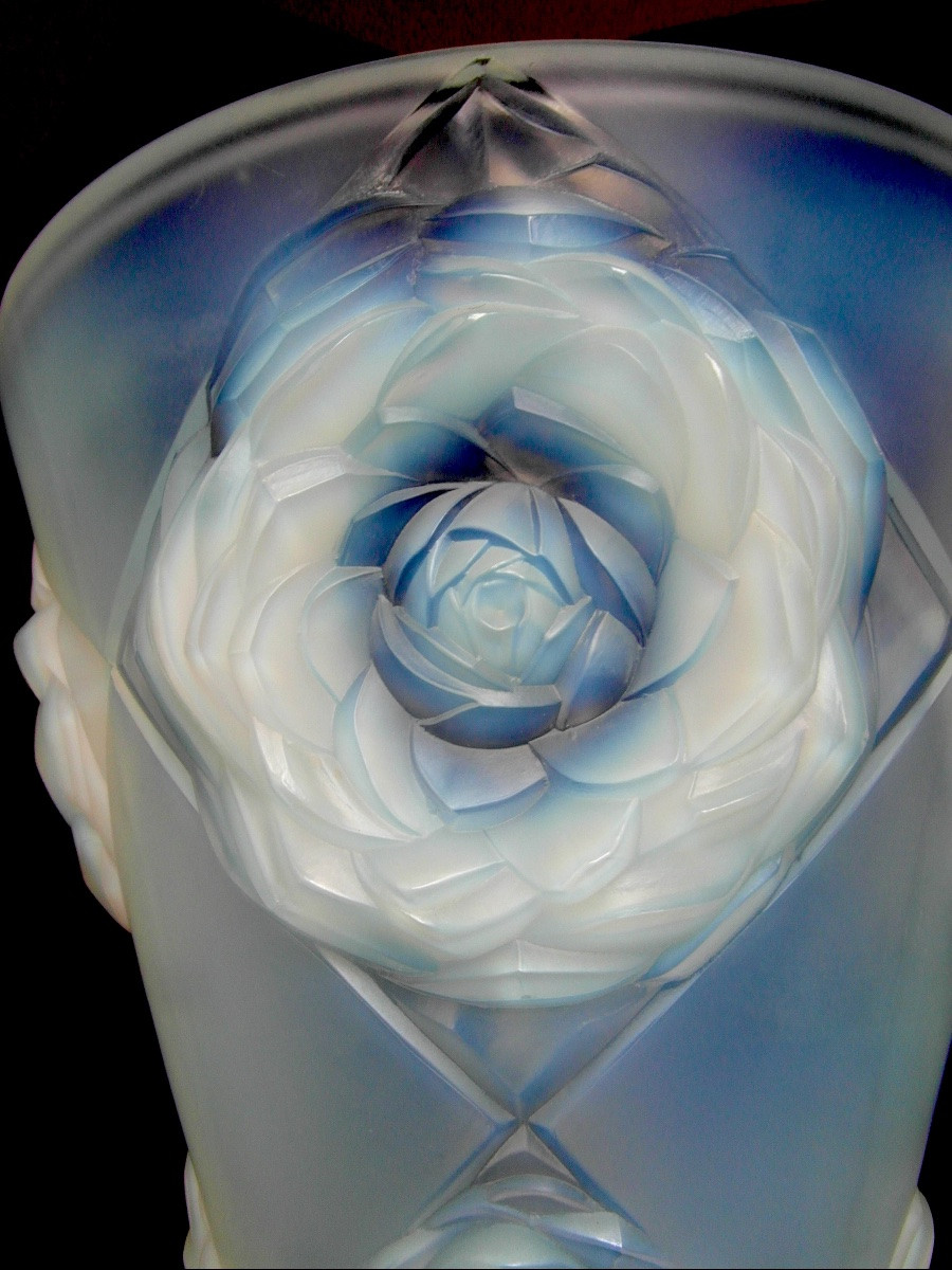 Art-deco Vase In Opalescent Glass With Peonies By H. Dieupart, Era Daum Lalique Sabino 1920-photo-3