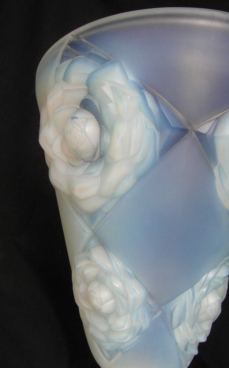 Art-deco Vase In Opalescent Glass With Peonies By H. Dieupart, Era Daum Lalique Sabino 1920-photo-4