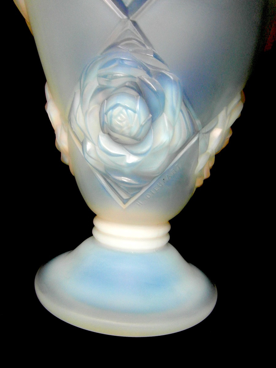 Art-deco Vase In Opalescent Glass With Peonies By H. Dieupart, Era Daum Lalique Sabino 1920-photo-5