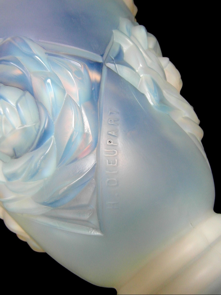 Art-deco Vase In Opalescent Glass With Peonies By H. Dieupart, Era Daum Lalique Sabino 1920-photo-6