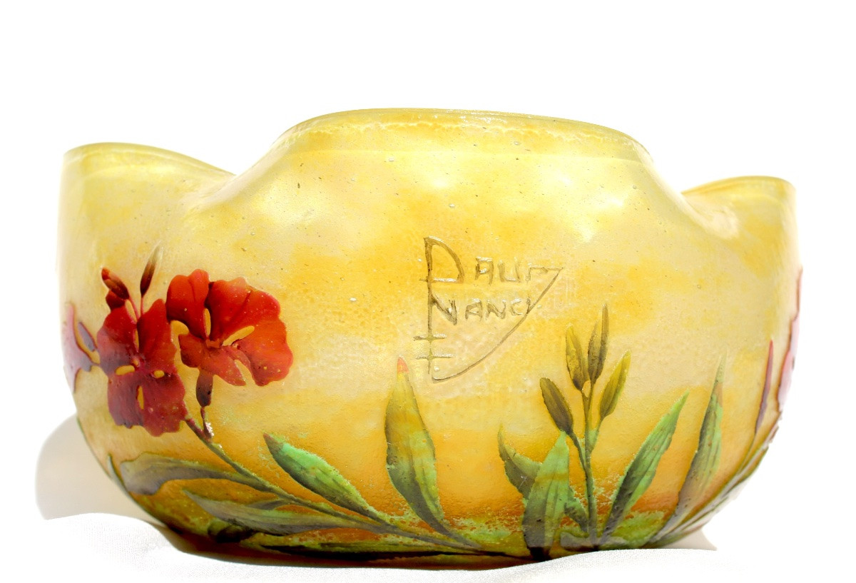 Polylobed Daum Goblet With Wallflowers, Circa 1905, Art-nouveau Galle Era-photo-2