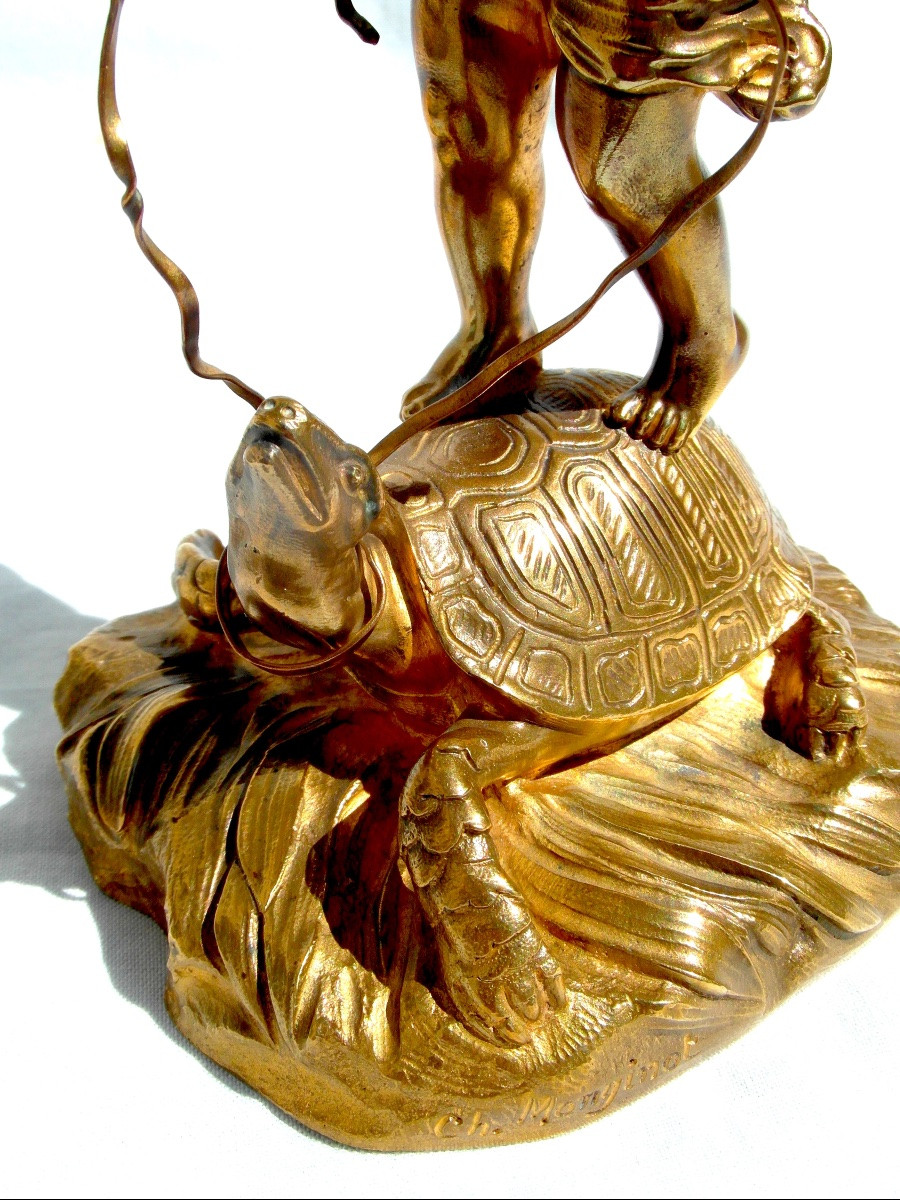 "le dresseur de tortue " , sculpture en bronze  par Charlotte Monginot, fondeur Louchet, 1900-photo-3