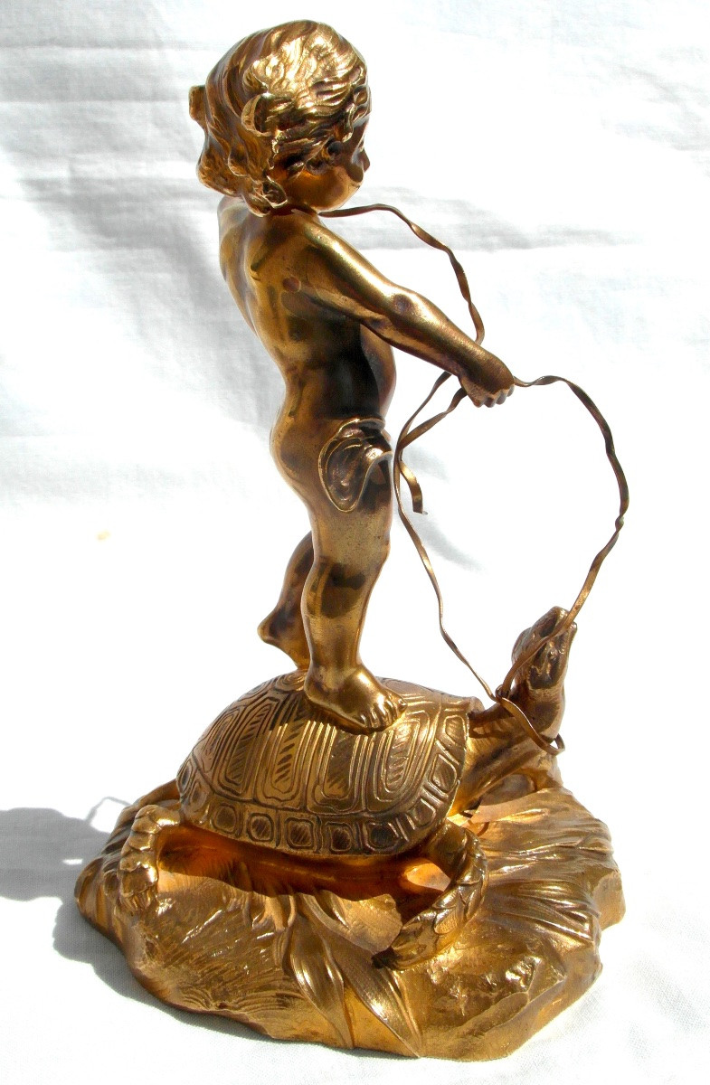 "le dresseur de tortue " , sculpture en bronze  par Charlotte Monginot, fondeur Louchet, 1900-photo-1