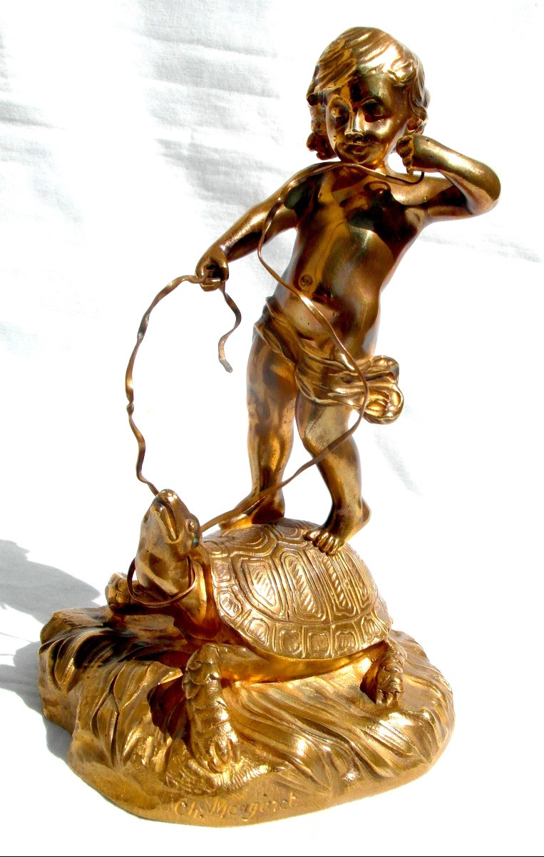 "le dresseur de tortue " , sculpture en bronze  par Charlotte Monginot, fondeur Louchet, 1900-photo-2