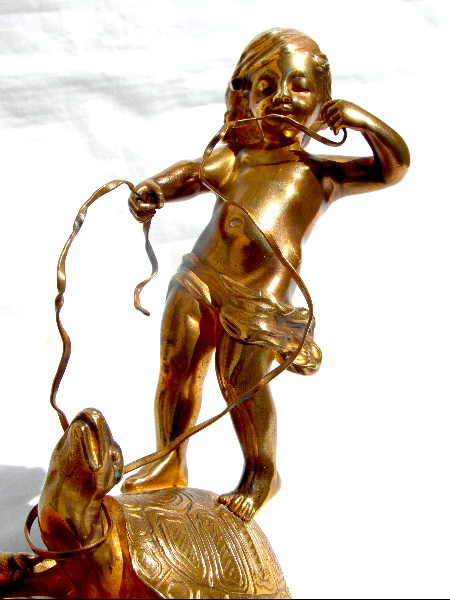 "le dresseur de tortue " , sculpture en bronze  par Charlotte Monginot, fondeur Louchet, 1900-photo-3