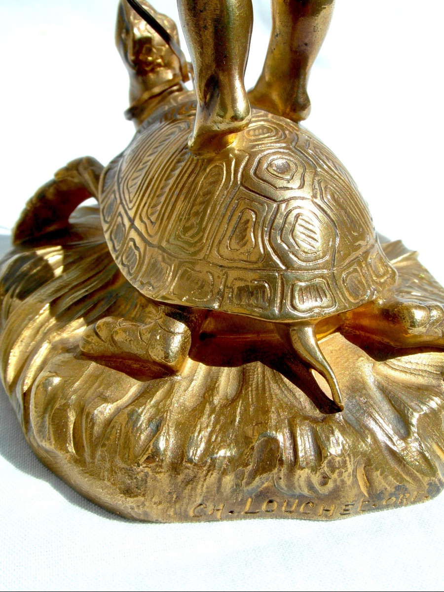 "le dresseur de tortue " , sculpture en bronze  par Charlotte Monginot, fondeur Louchet, 1900-photo-4