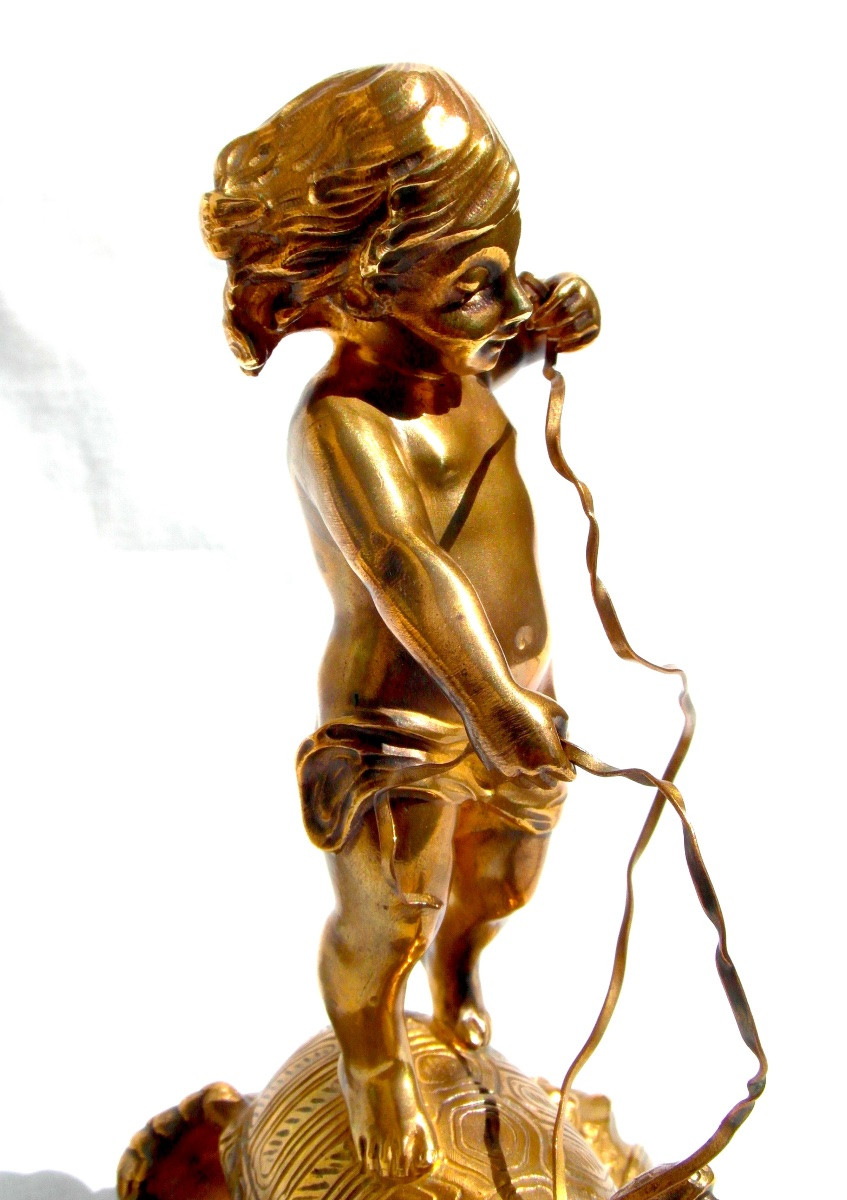 "le dresseur de tortue " , sculpture en bronze  par Charlotte Monginot, fondeur Louchet, 1900-photo-5