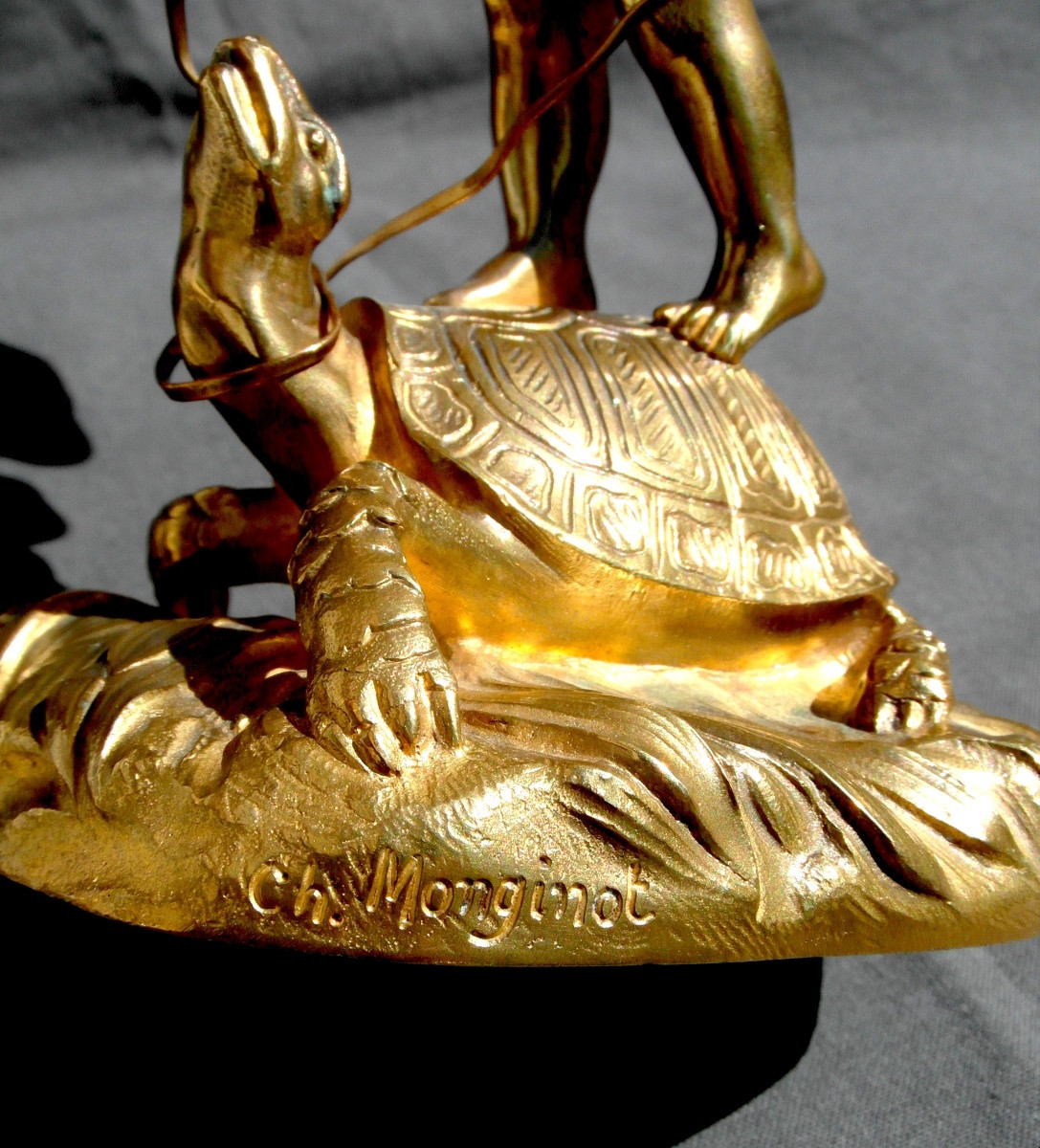 "le dresseur de tortue " , sculpture en bronze  par Charlotte Monginot, fondeur Louchet, 1900-photo-7