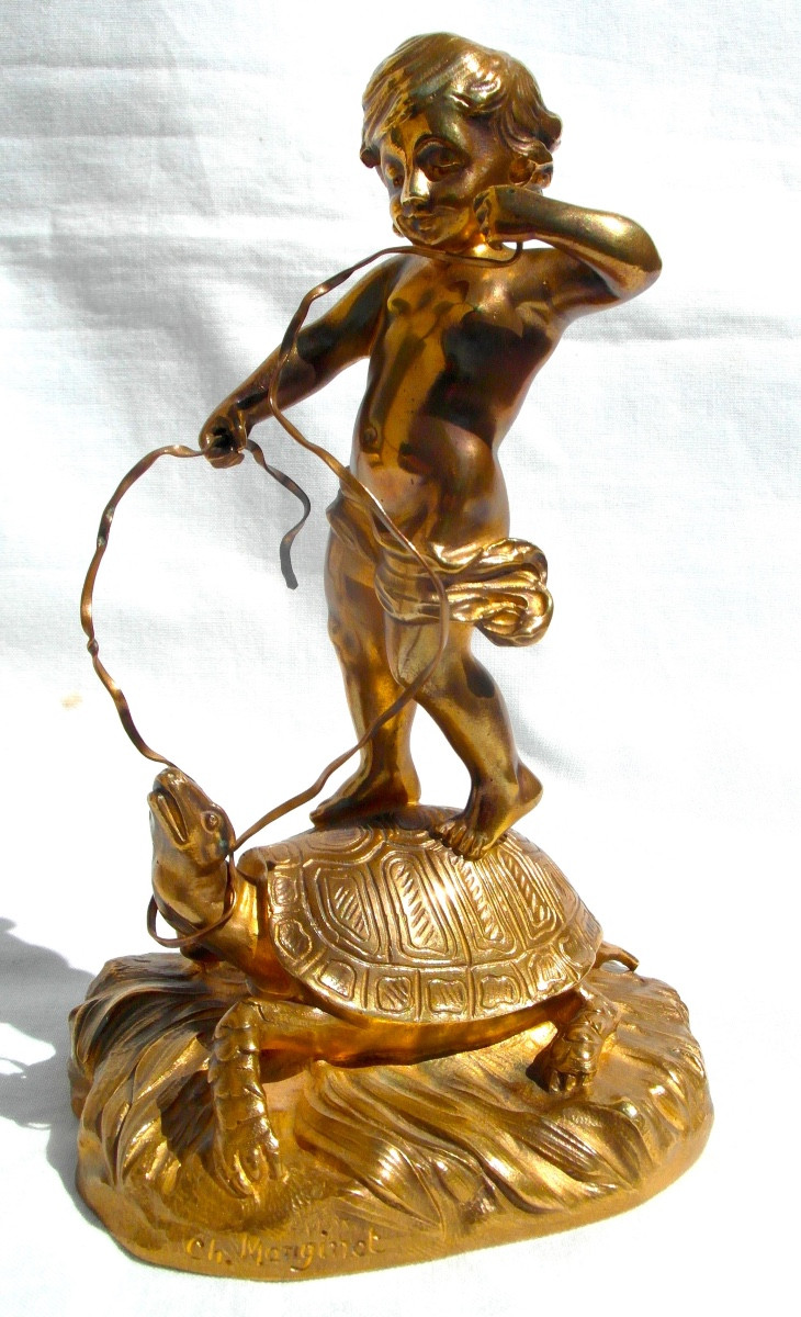 "le dresseur de tortue " , sculpture en bronze  par Charlotte Monginot, fondeur Louchet, 1900