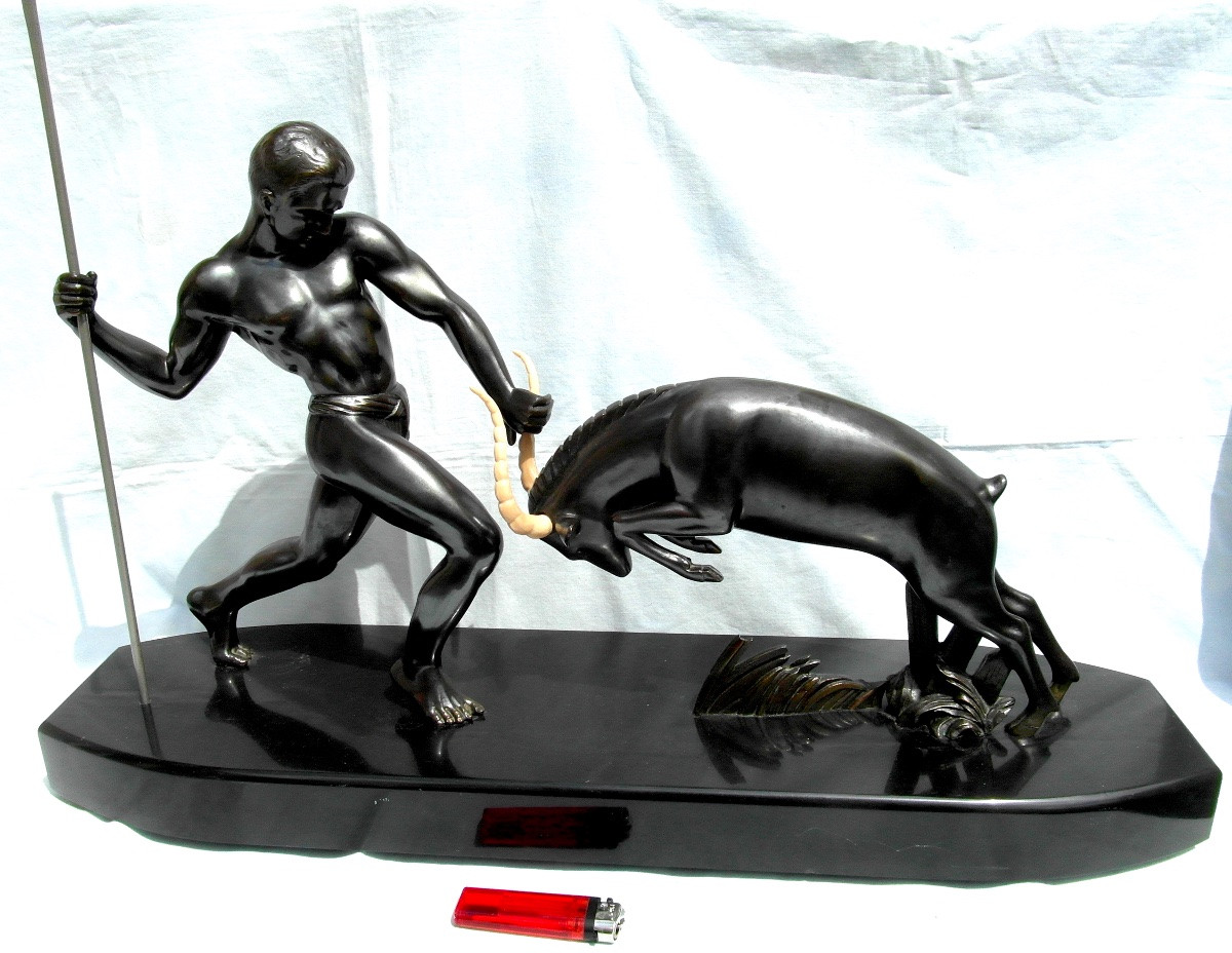 Large Art-deco Sculpture  By Kowas " Hunting Antelope", Around 1930, Perfect Era Fayral-photo-2