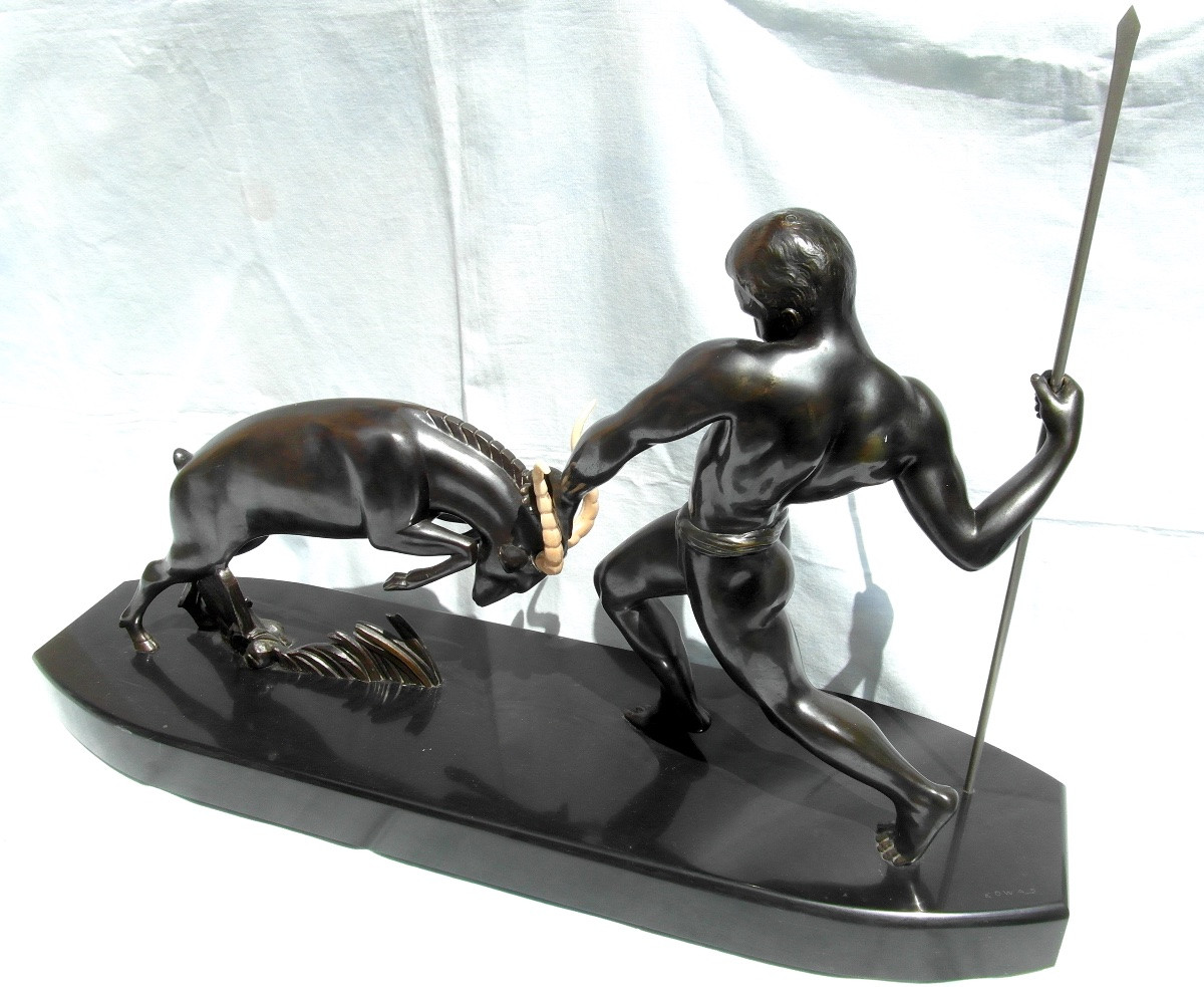Large Art-deco Sculpture  By Kowas " Hunting Antelope", Around 1930, Perfect Era Fayral-photo-4