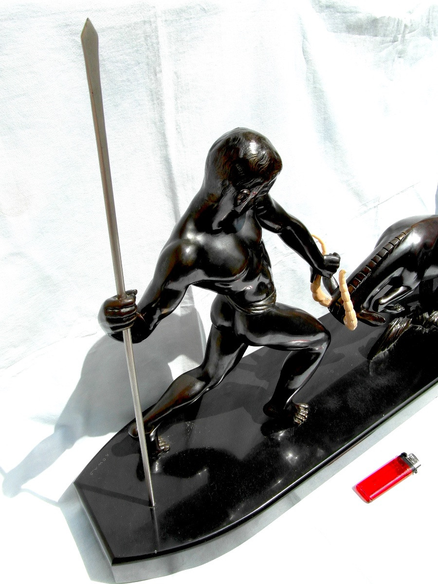 Large Art-deco Sculpture  By Kowas " Hunting Antelope", Around 1930, Perfect Era Fayral-photo-3