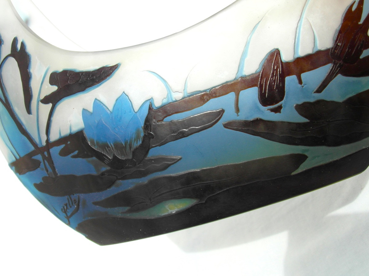 Coupe navette aux nénuphars bleus et sagittaires par Galle, parfaite, era daum 1900 -photo-4