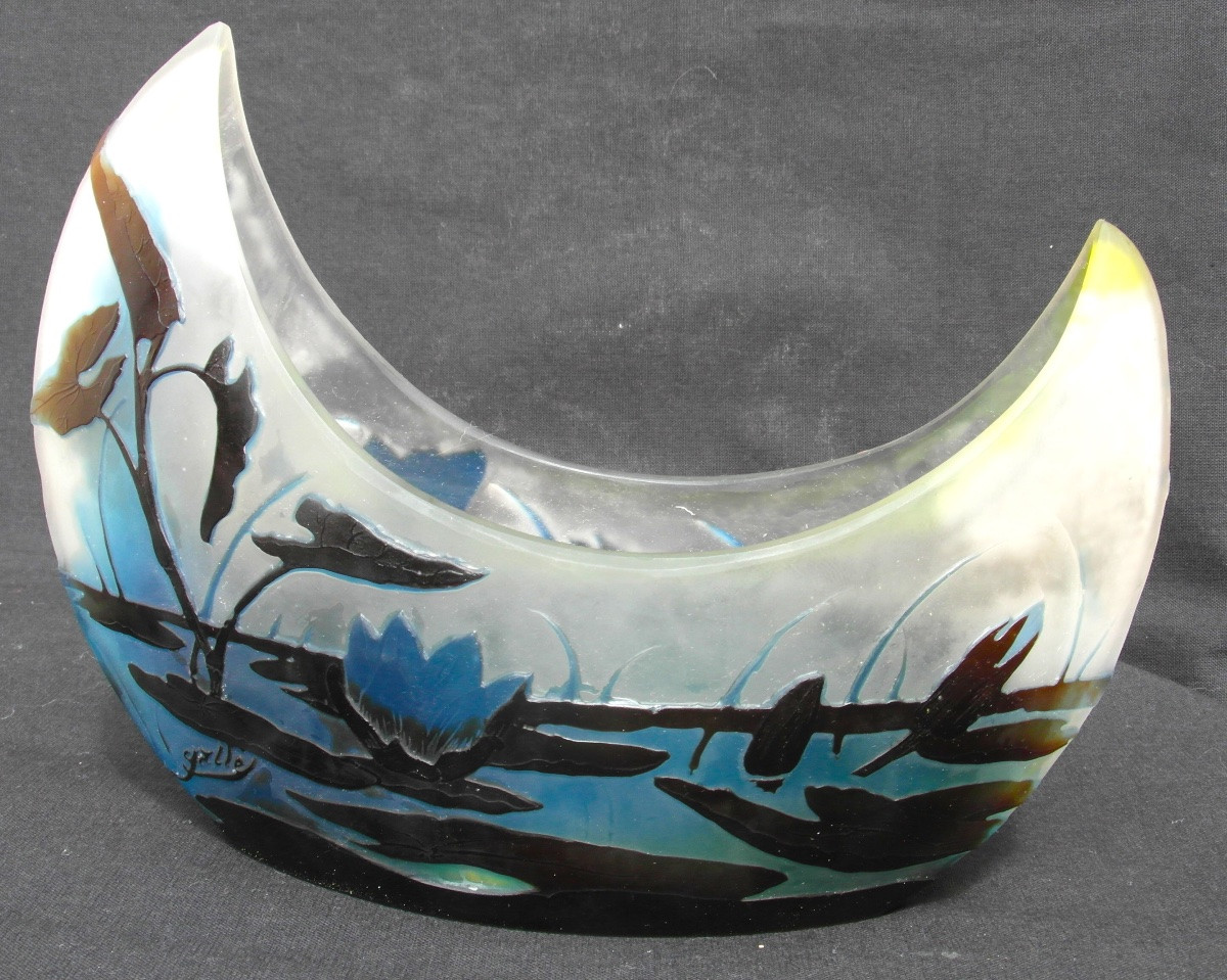 Coupe navette aux nénuphars bleus et sagittaires par Galle, parfaite, era daum 1900 -photo-1