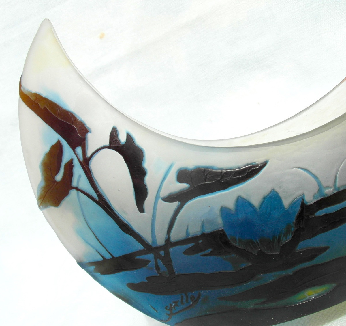 Coupe navette aux nénuphars bleus et sagittaires par Galle, parfaite, era daum 1900 -photo-4