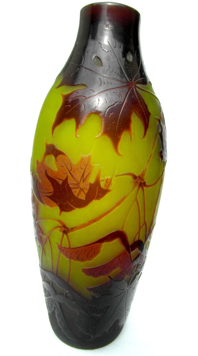 Vase gravé aux samares d'érable d'argental (Paul Nicolas), 25 cm, era daum Galle 1900-photo-2