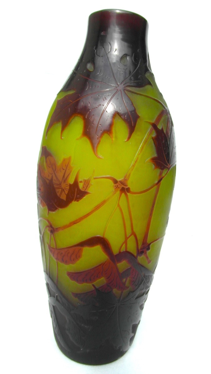 Vase gravé aux samares d'érable d'argental (Paul Nicolas), 25 cm, era daum Galle 1900-photo-2