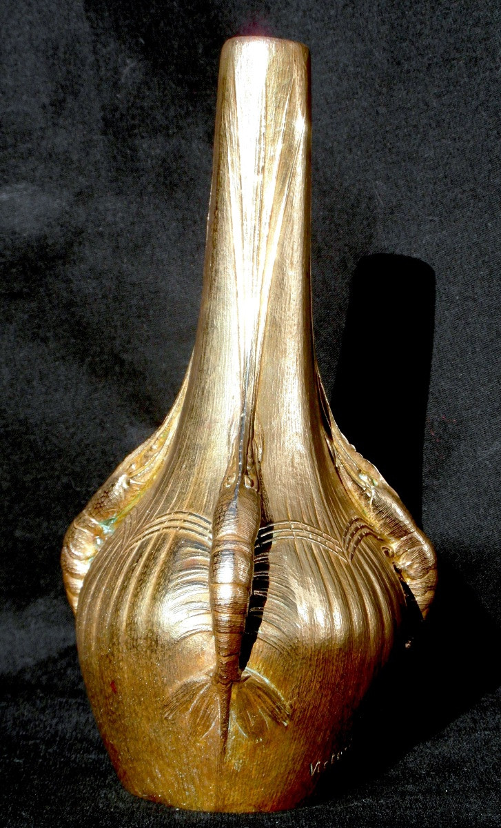 Vase soliflore 1900 aux crevettes en bronze doré par Victorin Sabatier, era marionnet susse-photo-2