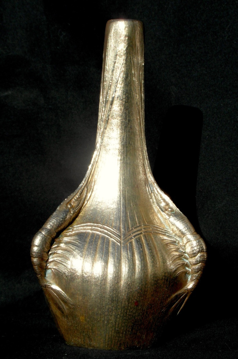 Vase soliflore 1900 aux crevettes en bronze doré par Victorin Sabatier, era marionnet susse-photo-4